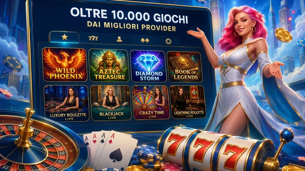 griglia di anteprime giochi con slot e live casino