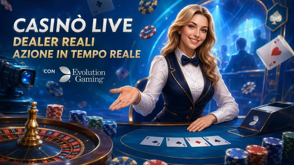 logo Evolution Gaming su sfondo con tavolo da gioco live